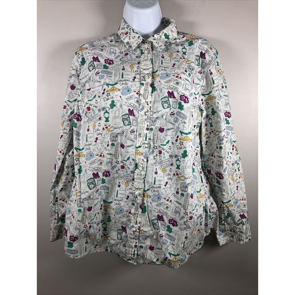 Talbots Blouse "NYC Landmark Doodle" Size LP Long Sleeve Button Up - Picture 1 of 11